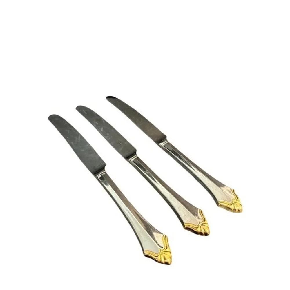 Vintage  Oneida Kenwood Two Tone‎ Silver and Gold Accent Dinner Knives Set of 3